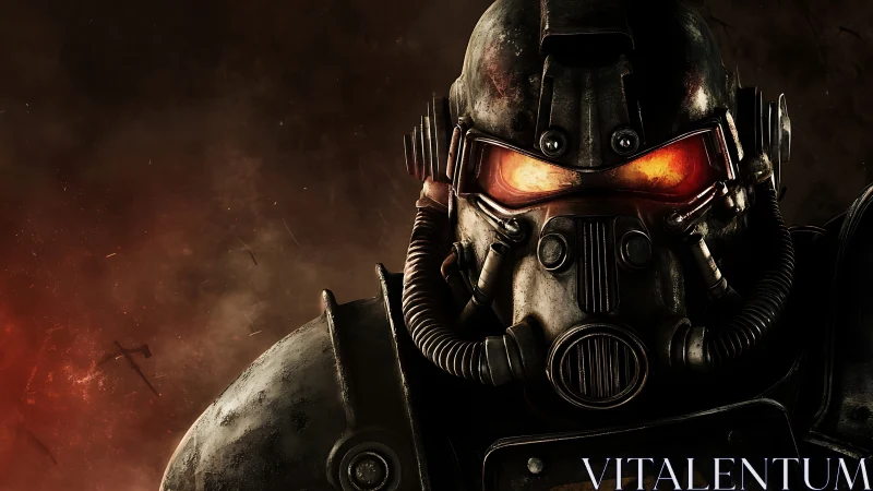 Post-apocalyptic power armor helmet with burning visor glow.