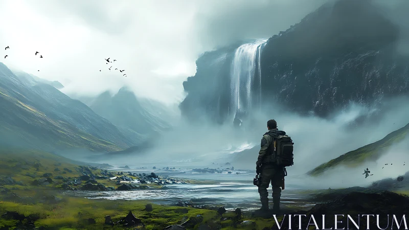 Solitary explorer surveys fog-laden valley and cascading waterfall