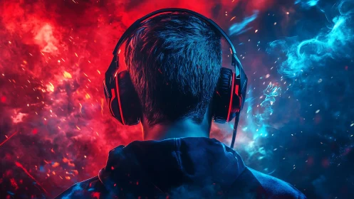 Back view gamer wearing headphones amid red and blue smoke.