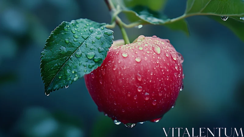 Macro study of dewy red apple with shallow depth of field