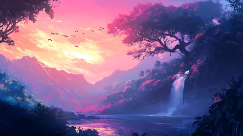 Vibrant digital landscape shows sunset over river valley