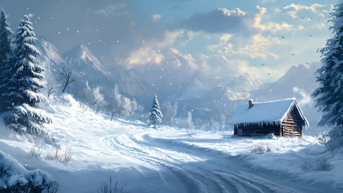 Snowbound mountain cabin under luminous winter sunrise.