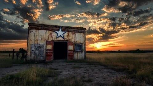 Lone star shack leaning into a wildfire prairie sunset.