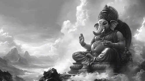 Colossal Ganesha in stormlit clouds above mythic mountains.