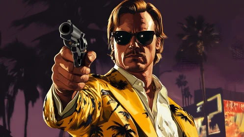 Confident man in yellow blazer points handgun at viewer.