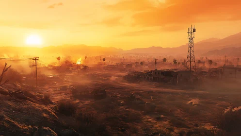Cinematic desert settlement under intense orange sunset haze