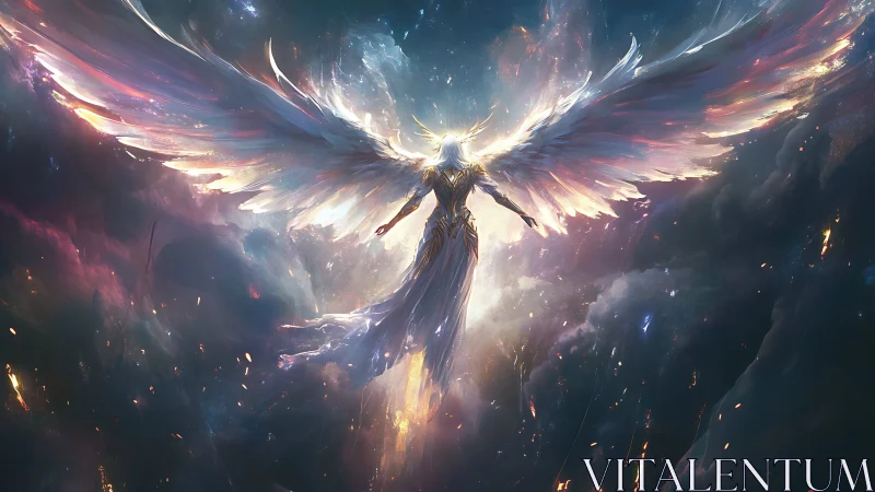 Luminous celestial seraph ascending through iridescent nebula