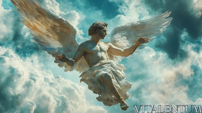 Soaring marble angel draped in light above bright clouds.