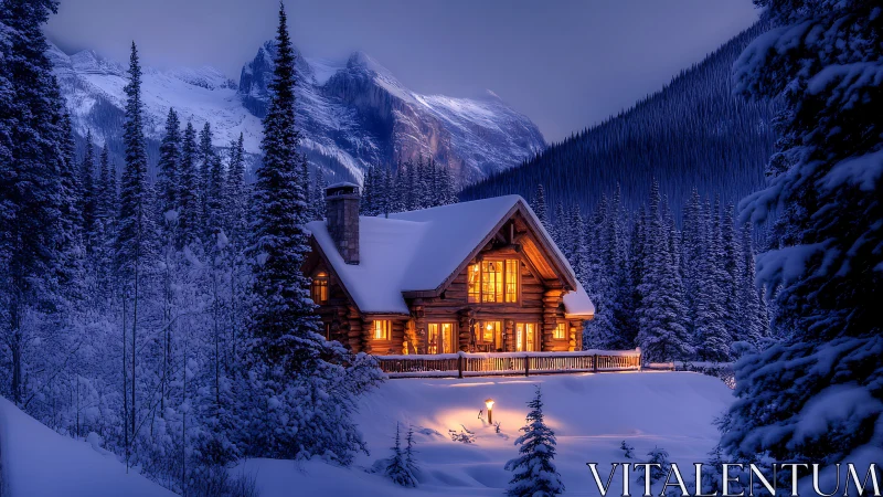 Snow-covered log cabin in conifer forest at dusk in winter.