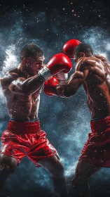 Two muscular boxers sparring with red gloves in cosmic setting.