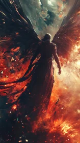 Winged humanoid figure stands amid dense fire and smoke