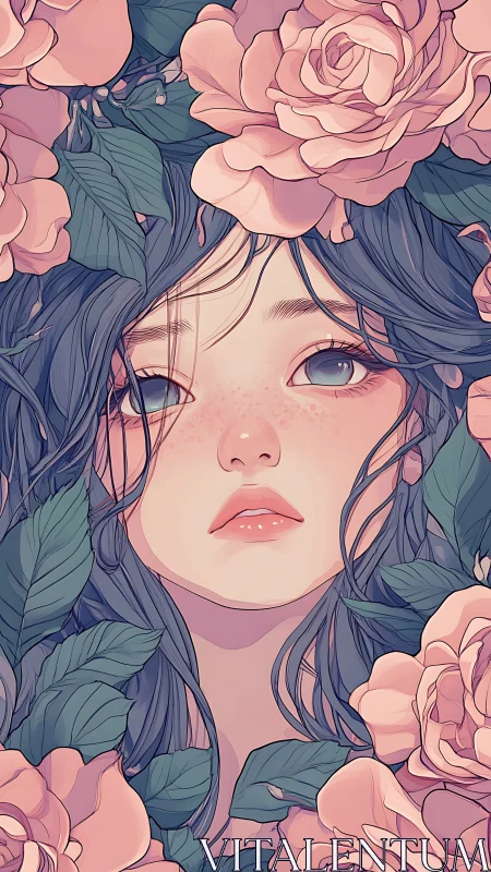 Floral-framed portrait of blue-haired girl with pastel roses