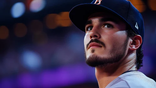 Focused baseball player under stadium lights at dusk.