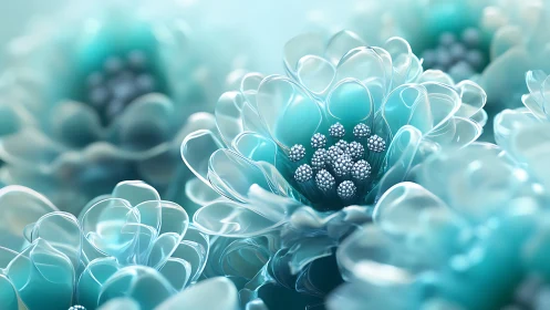 Crystalline Flower Cluster with Translucent Petals and Geometric Stamen