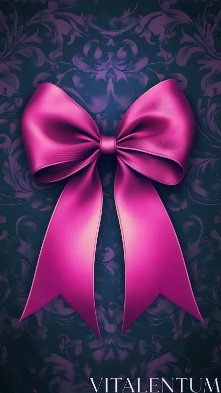 Vivid Pink Bow Against Ornate Purple Baroque Pattern