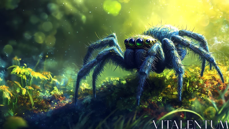 Digital painting of iridescent forest spider with macro lighting.