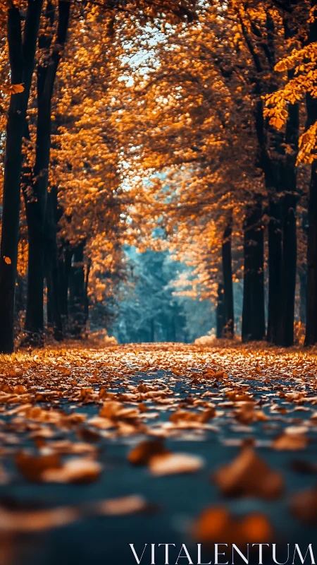 Autumn Archway: Golden Canopy Through Aligned Trees.