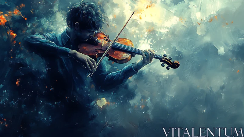 Violinist plays instrument amid abstract swirling clouds