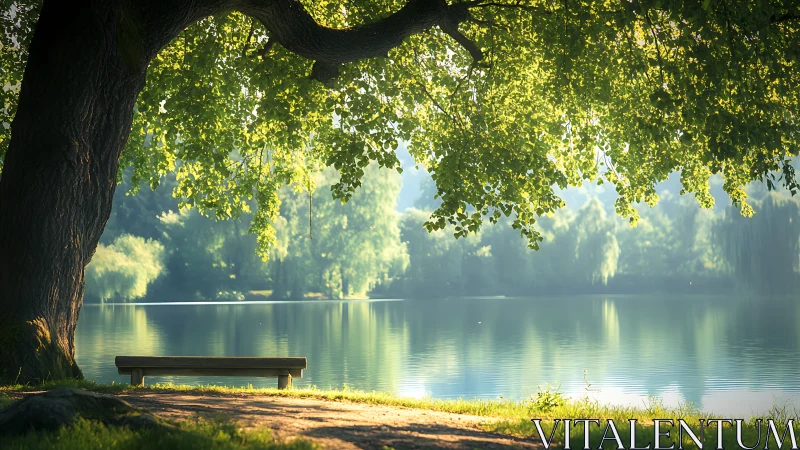 Sunlit lakeside bench framed by dense overhanging foliage at dawn