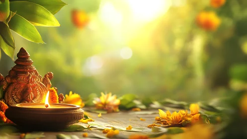 Luminous brass diya and marigolds in shallow bokeh garden field.