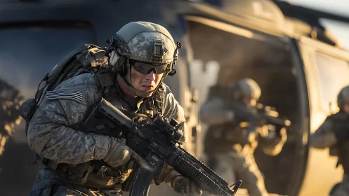 Soldier advances from helicopter during intense combat mission.