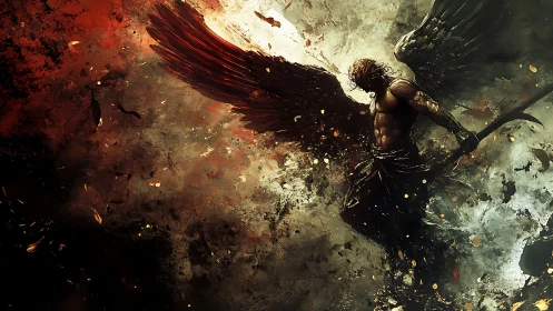 Dark winged warrior amid infernal celestial vortex.