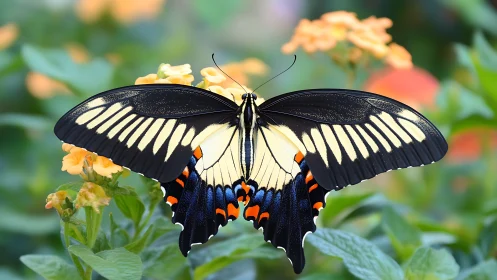 Swallowtail butterfly spreads patterned wings on garden flowers.