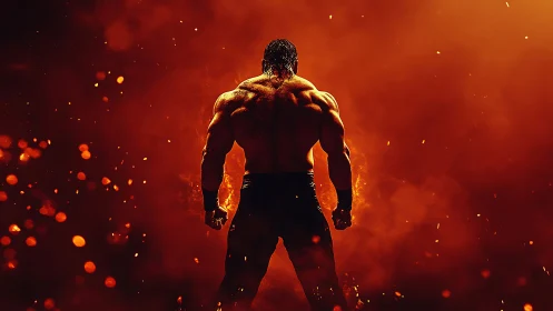 Muscular male figure viewed from behind amid orange haze.