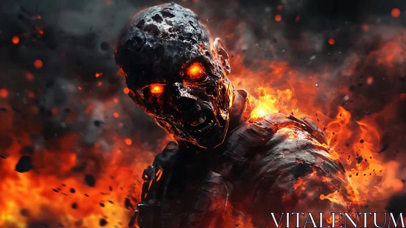 Ember-eyed inferno soldier stalks through apocalyptic firestorm.