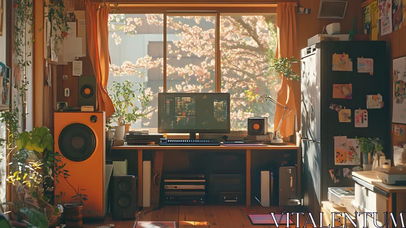 Sunlit creative home studio welcomes work, music, and calm