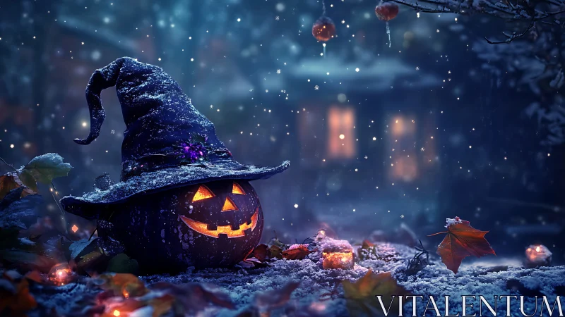 Snow-dusted Jack-o-lantern in twilight garden glows warmly