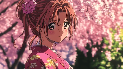 Anime girl in pink kimono under soft cherry blossoms.