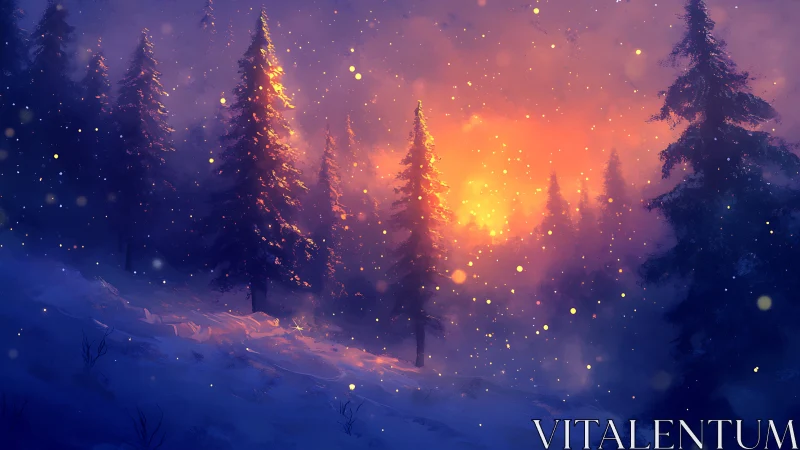 Winter forest glows under vivid sunset snowfall.