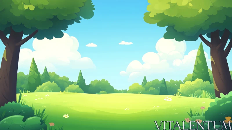 Serene Summer Landscape with Towering Trees and Open Meadow