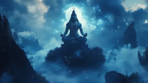 Mythic blue deity silhouette seated over misty peaks.