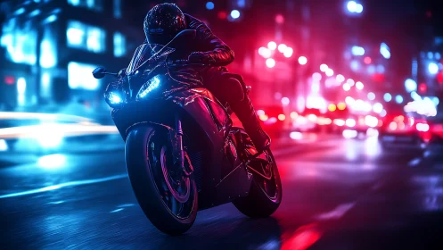 Motorcyclist racing through neon lit city street at night.