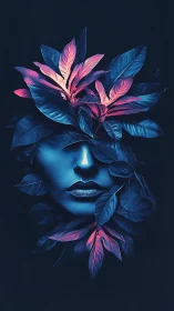 Neon foliage goddess emerging from deep midnight shadows.