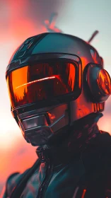 Futuristic biker helmet with reflective neon orange visor.