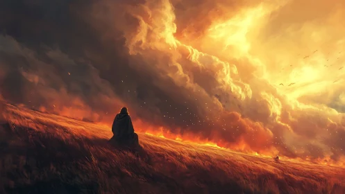 Cloaked observer before incendiary cumulonimbus horizon field.