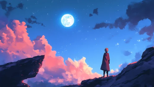 Lone cloaked figure gazing at luminous moonlit skyscape.