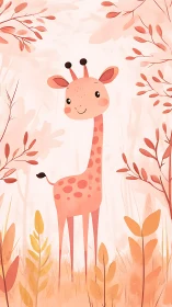 Playful cartoon giraffe in pastel botanical forest scene.