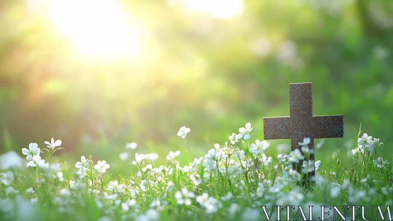 Rustic cross in sunlit meadow of white wildflowers at dawn.