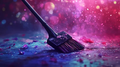 Broom head rests on colored debris under diffused lighting