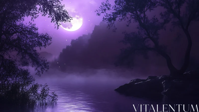 Lunar-illuminated violet lakeside forest with volumetric mist.