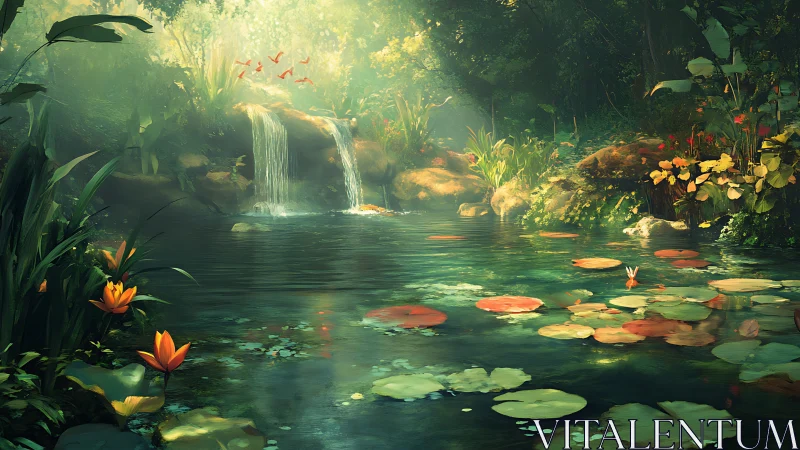 Enchanted forest pond shimmers beneath gentle waterfall light.