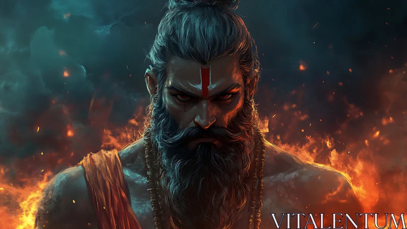 Warrior ascetic emerges from inferno with intense volumetric lighting