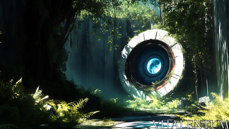 Moonlit jungle portal hums within forgotten metal halo.
