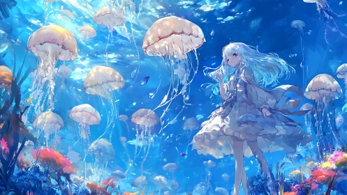 Translucent jellyfish swarm around luminous girl in painterly seascape