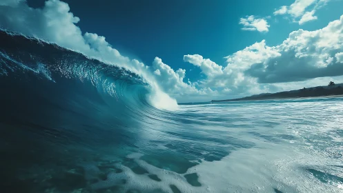 Large turquoise ocean wave curling near distant coastline.