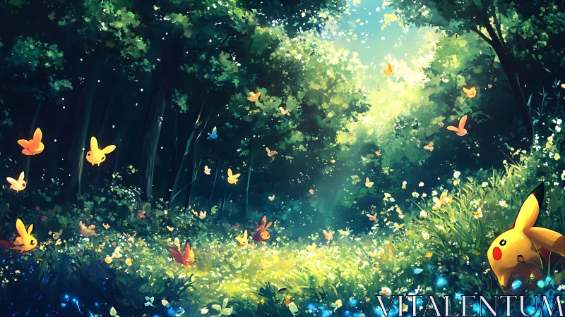 Pikachu wanders glowing forest meadow under swirling butterflies.